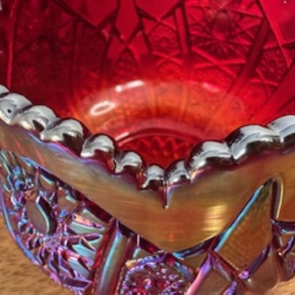 Indiana Glass Heirloom Sunset Ruby Red Carnival Glass Bowl Scalloped Rim Vintage - Picture 6 of 7